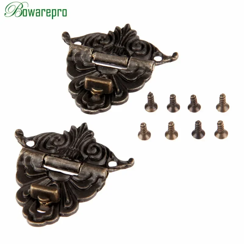 bowarepro Antique Latches Funiture Hardware Decorative Jewelry Box Drawer Decorative Hasp Lock Latch With Screws 45*48mm 2Pcs