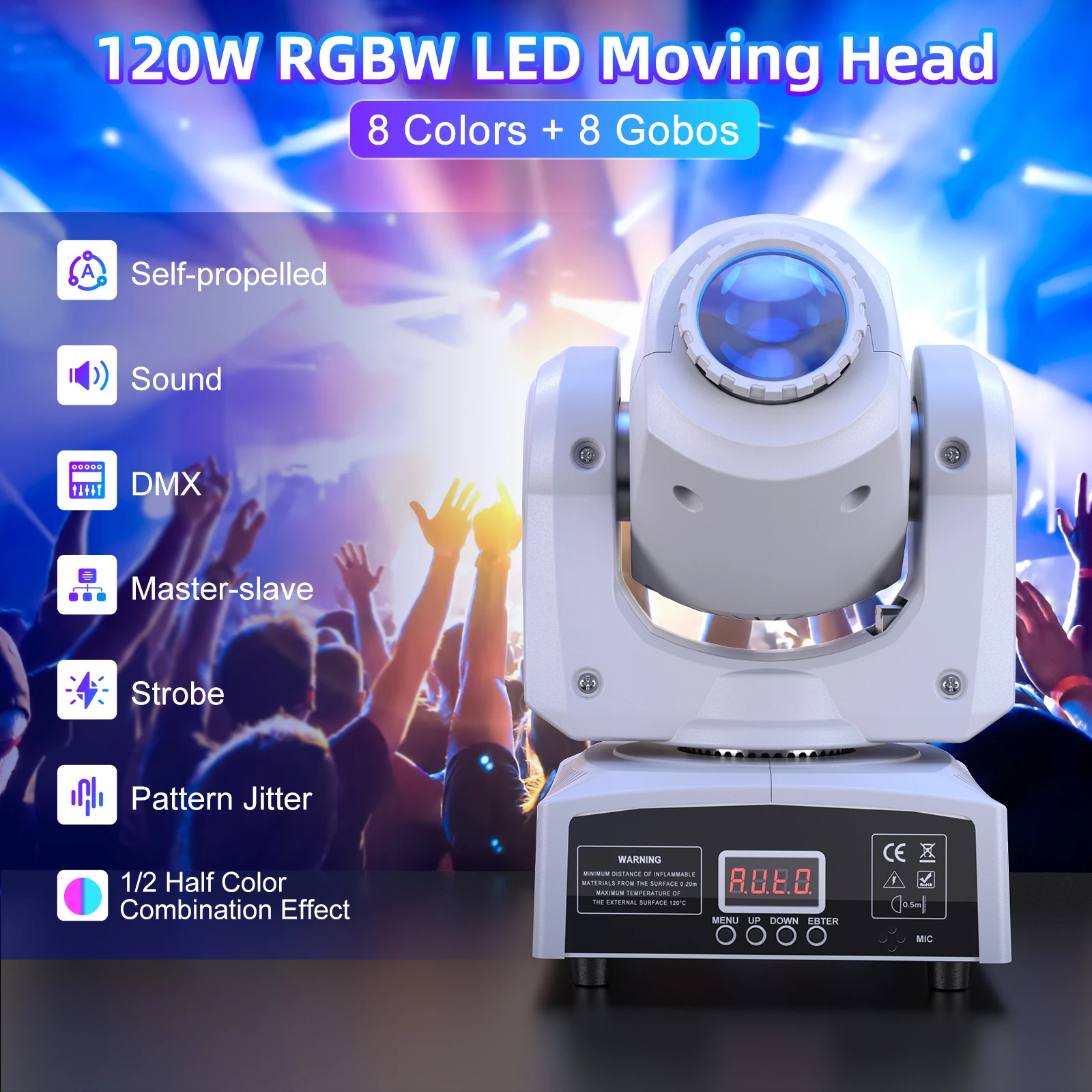 DayFlicker 2Pcs 120W White Stage RGBW LED Moving Head 8 Colors + 8 Gobos DMX512 Voice Control For Christmas Party Disco Wedding