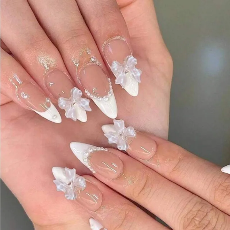 10 Pieces Gentle Bow Sweet Almond Nails Handmade Press On Nails Delicate Pearls French Fake Nails Removable Reusable