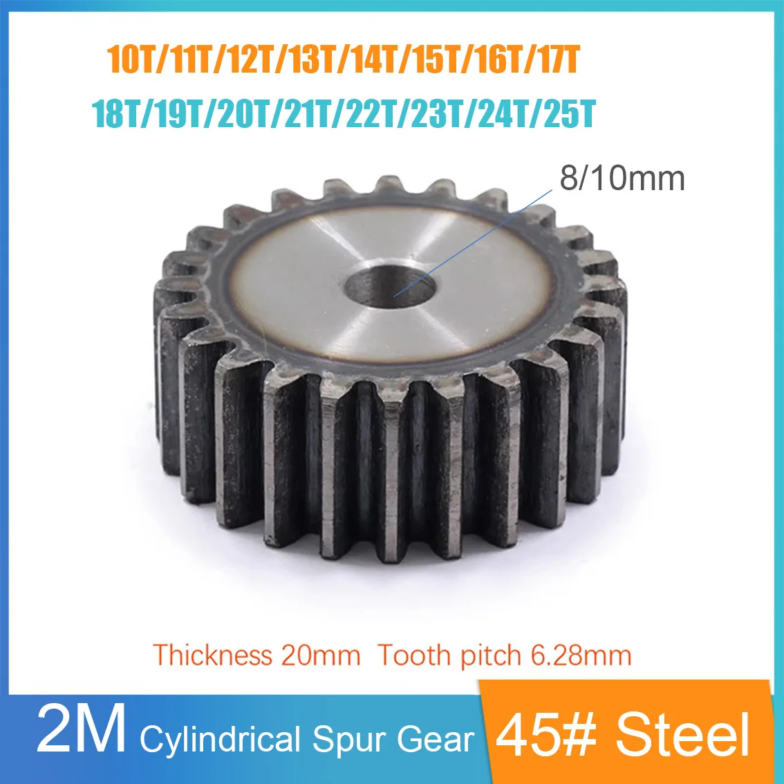 1Pcs M2 45# Steel Cylindrical Spur Gear 10T-25T Tooth Surface Quenching Metal Pinion Chain Process Hole 8/10mm Pitch 6.28mm