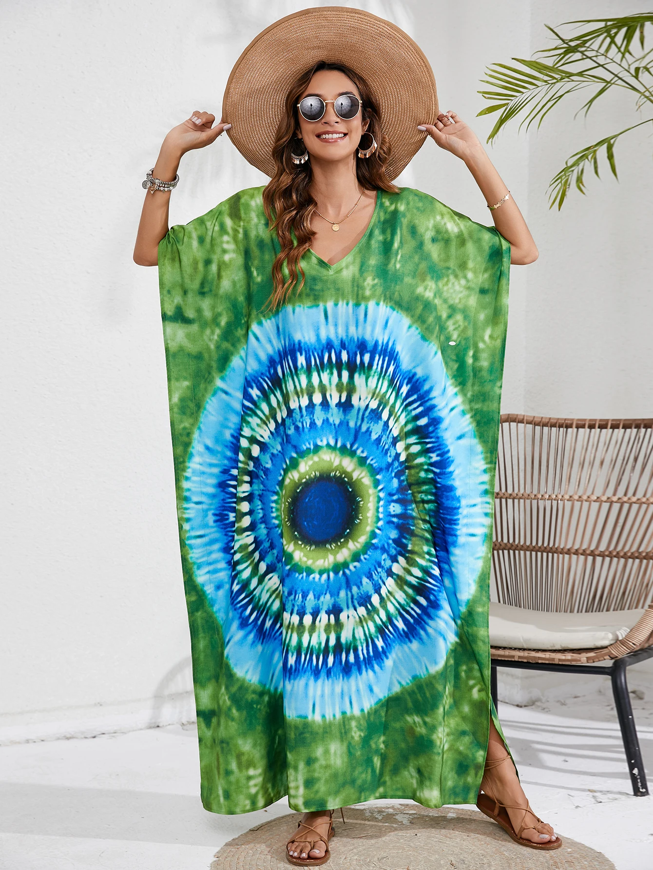 Women s Boho Cover Up  Plus Size Tie Dye Batwing Sleeve V Neck Maxi Kaftan Cover Up Dress