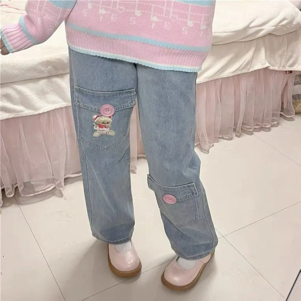 Japanese Cute Cartoon Bear Embroidered Jeans Autumn New High-waisted Loose Straight-leg Pants Sweet Girl Vintage Y2k Jeans