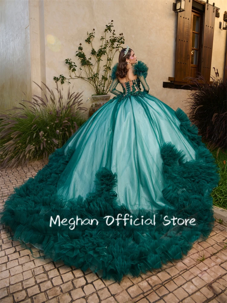 

Green Ball Gown Quinceanera Dresses Off The Shoulder Applique Lace Beading Crystal Tiered Tull Party Birthday Sweet 16 Dress