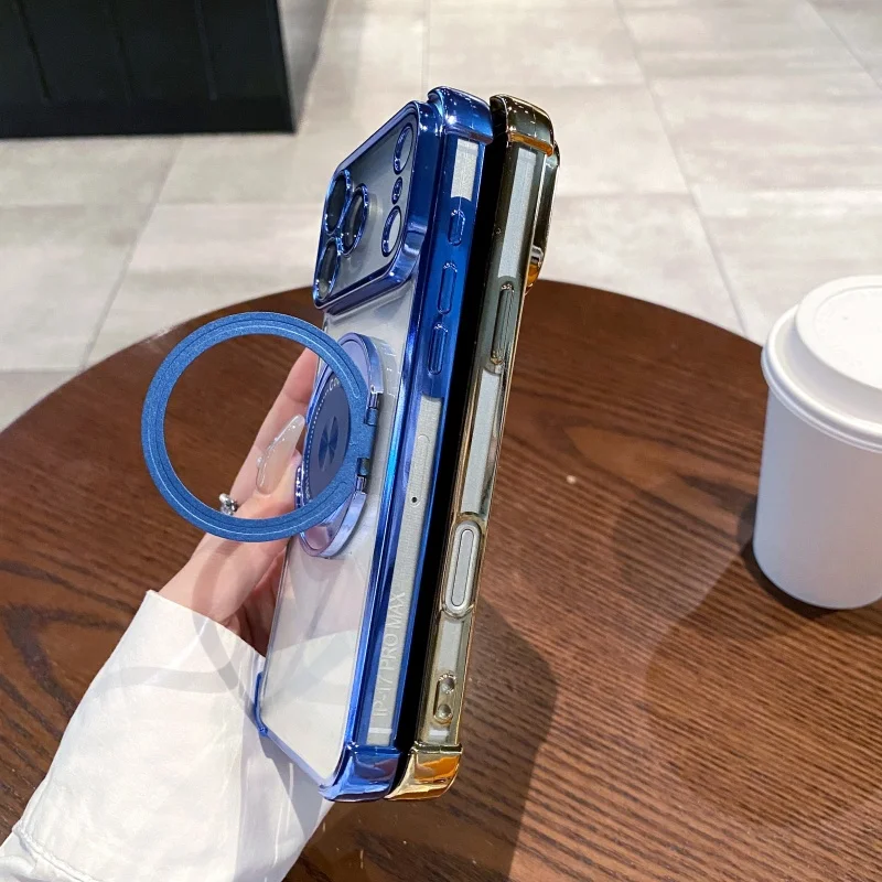 حافظة شفافة للشحن اللاسلكي بحامل دوار لهاتف آيفون 17 Air 16E 15 14 Plus 12 13 11 Pro Max بأربعة زوايا تعزيز غطاء مقاوم للصدمات