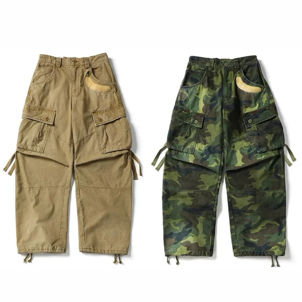 

Retro Japanese Style Streetwear Camouflage Print Loose Fit Men's Work Trousers Adjustable Waist Youth Fashion Autumn Winter C...