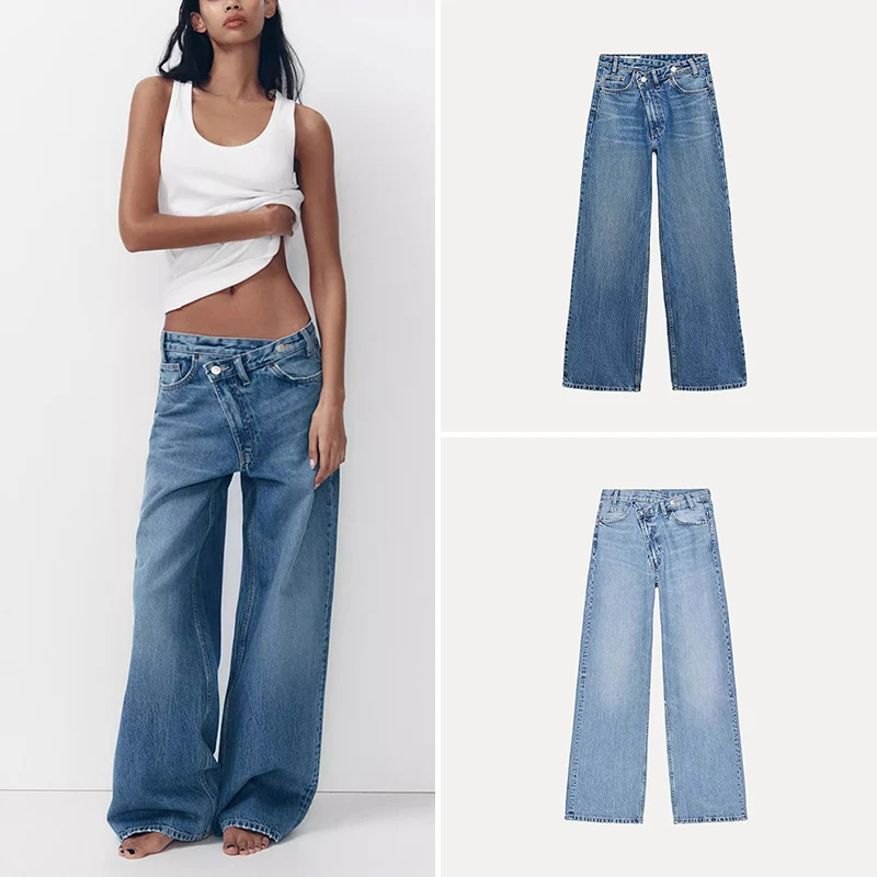 ZADATA 2025 Spring Women's Wide Leg Double Button Versatile High Waist Jeans Standard Fit Micro Stretch Natural Waist Other F...