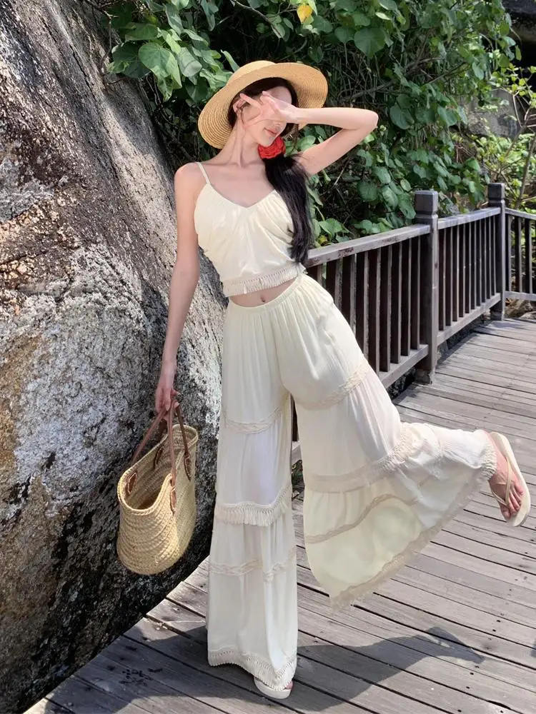 

Summer Beige Two Piece Set Women Retro Slim Elegant Tassel Backless Short Slip Tops + Elastic High Waist Pleated Long Pant Suits