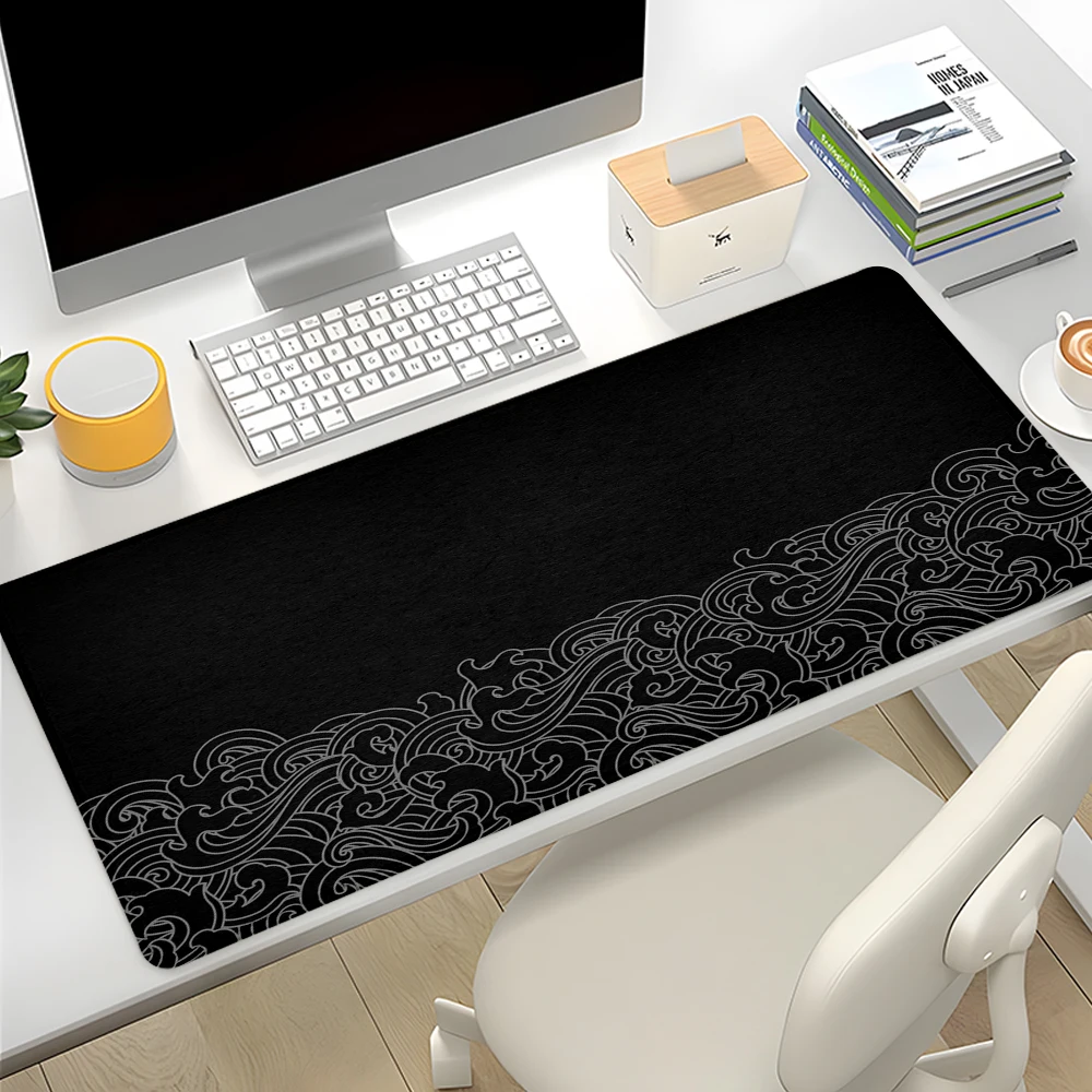 

Черный коврик для мыши в стиле минимализм, художественный дизайн, большие настольные аксессуары, настольный коврик, резиновая основа с прошитыми краями, коврик для мыши, нескользящий настольный коврик