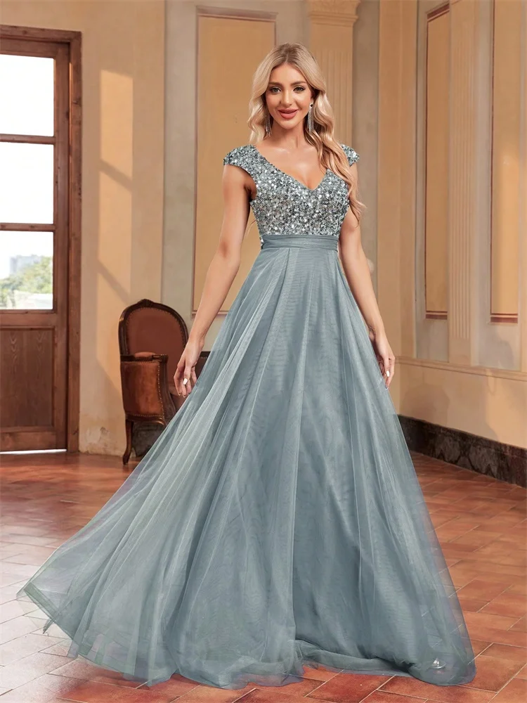 Luxe V-hals Chiffon Blauwe Avondjurken Lange Elegante Pailletten Mouwloze Bruiloft Galajurk Prom Cocktailjurken