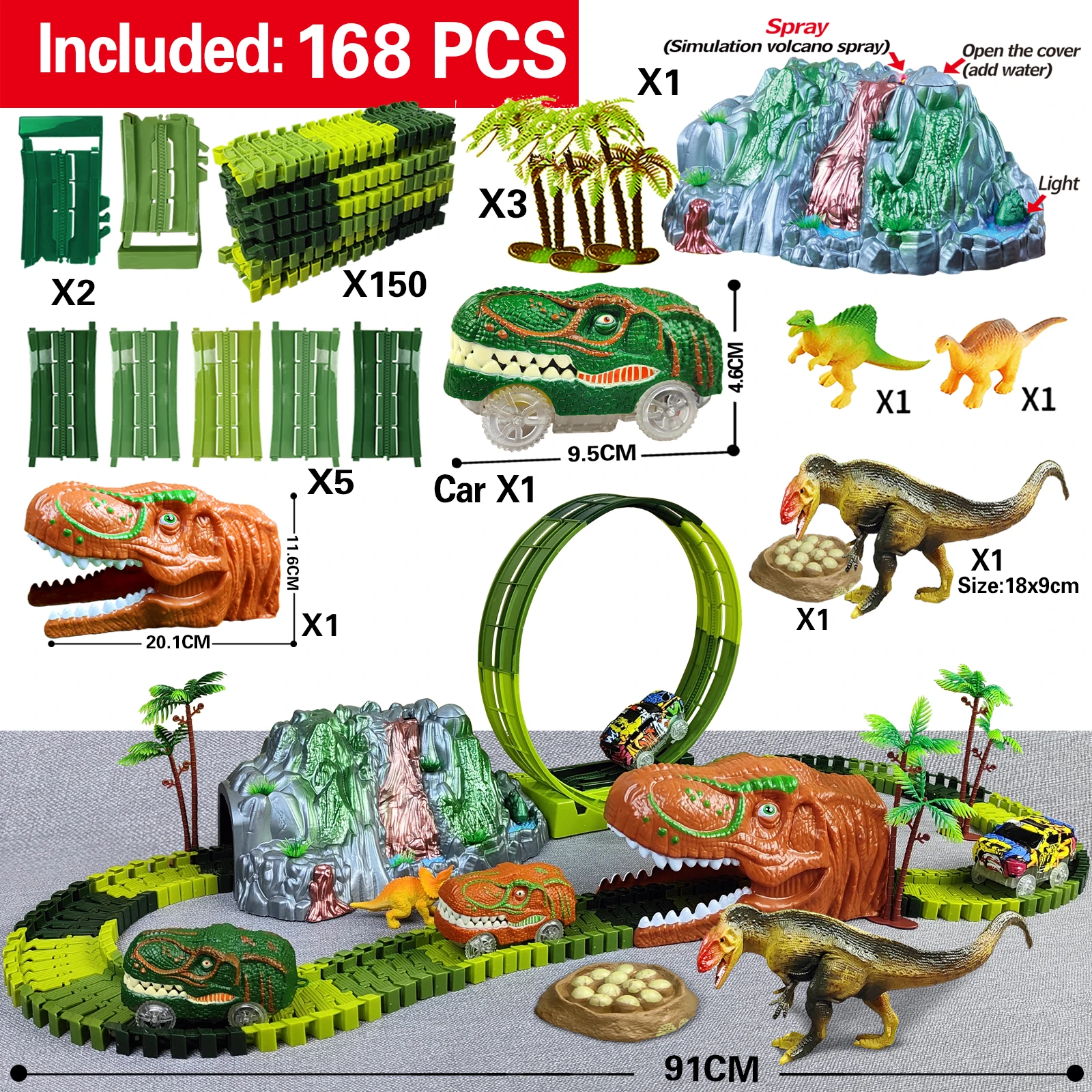 Music spray volcano Dinosaur Toys Set Create A Dinosaur World Road Race-Flexible Track Playset for 3 4 5 6 Year Old Boys Girls