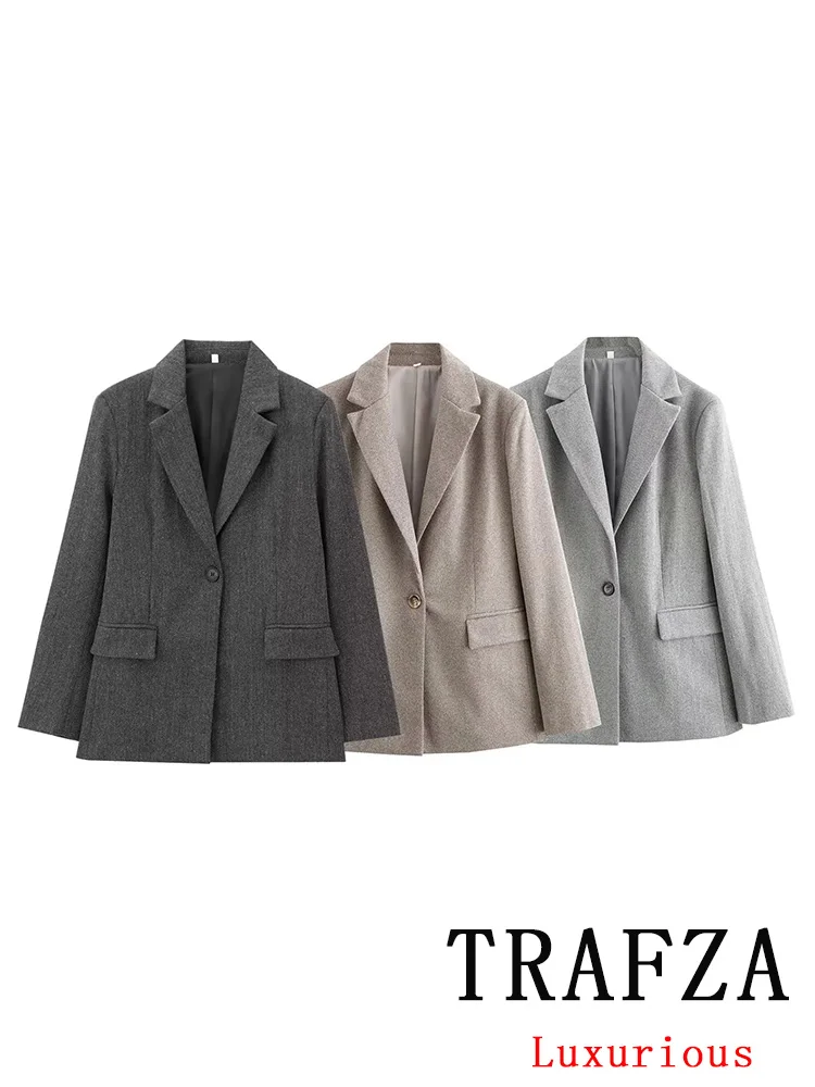 TRAFZA Vintage Chic Office Lady Solid Blazer Long Sleeve V Neck Single Button Pockets Blazer Fashion 2024 Autumn Winter Blazers