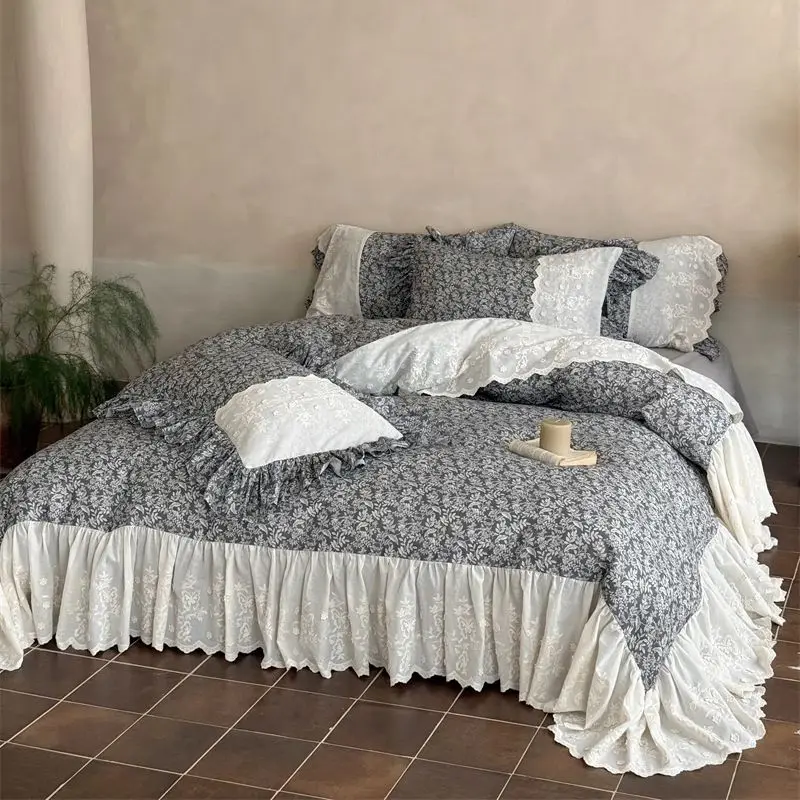 Vintage French Flowers Prints Lace Ruffles Double Layer Yarn 100% Cotton Bedding Set Duvet Cover Flat/Fitted Sheet Pillowcases