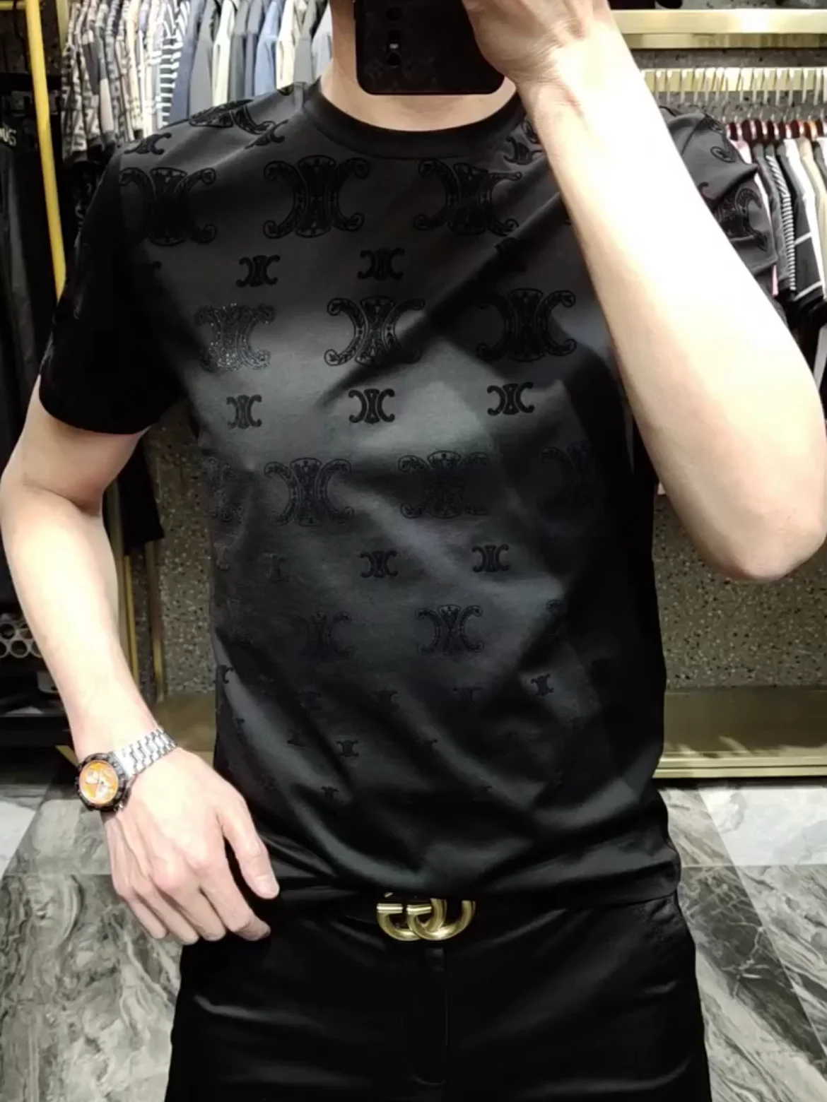 

Мужская приталенная футболка с круглым вырезом и коротким рукавом, летняя, модная, черная, из хлопка и полиэстера, молодежная.