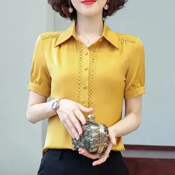 Short Sleeve Turn-down Collar Summer Women's Button Lace Patchwork Solid Color Cardigan Clothing Shirt Comfortable Chiffon Tops