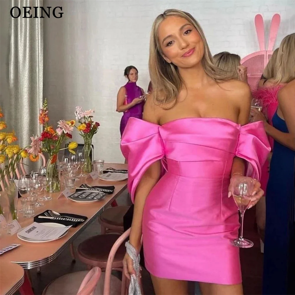 

OEING Hot Pink Short Prom Dresses Off The Shoulder Pleated Evening Dresses Mini Birthday Celebrity Party Dress vestidos de gala