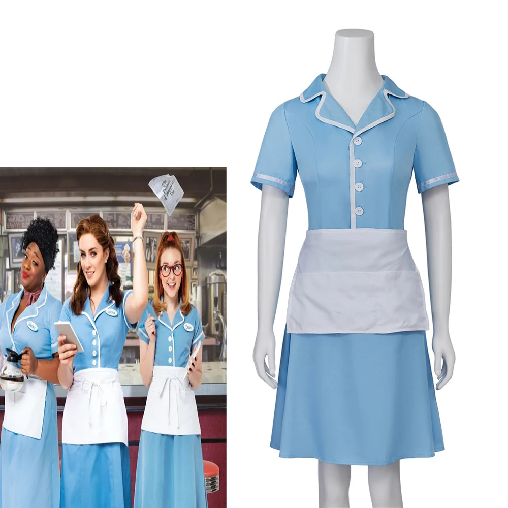 

TV Waitress Cosplay Maid Dress Women Light Blue Housekeeper Costume Nightclub Bar Uniform with Apron Halloween Party Wear