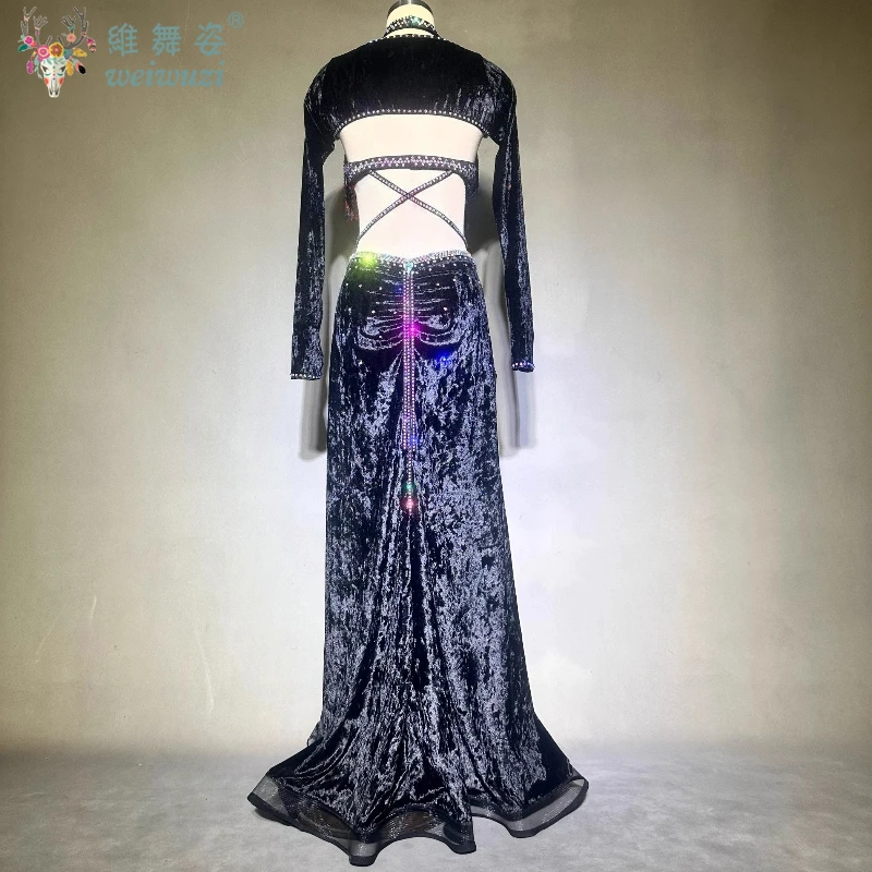 밸리 댄스 블랙 퍼포먼스 의상 여성용 밸리 댄스 경연 대회 슈트 브라 + 긴 소매 + 피쉬 테일 스커트 댄스 복장