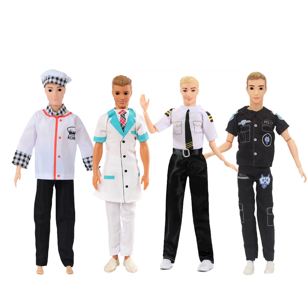 

4 упаковки 11,81-дюймовых мужских кукольных наряда — шеф-повар, капитан, доктор, полицейская форма для ролевых игр, аксессуары для кукол, изготовленная кукольная одежда