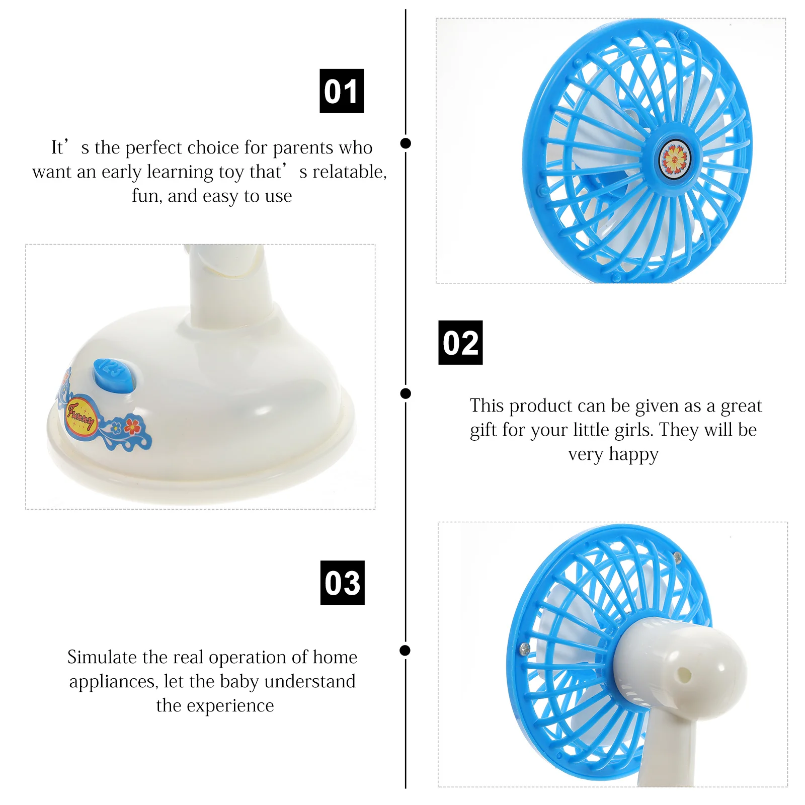 พัดลมไฟฟ้าขนาดเล็ก 1 ชิ้น สำหรับเด็ก ของเล่นจำลองเครื่องใช้ไฟฟ้าในบ้าน ของเล่นเสริมพัฒนาการ บทบาทสมมติ ของขวัญสำหรับเล่นบ้าน ของเล่นแบบอินเทอร์แอคทีฟ