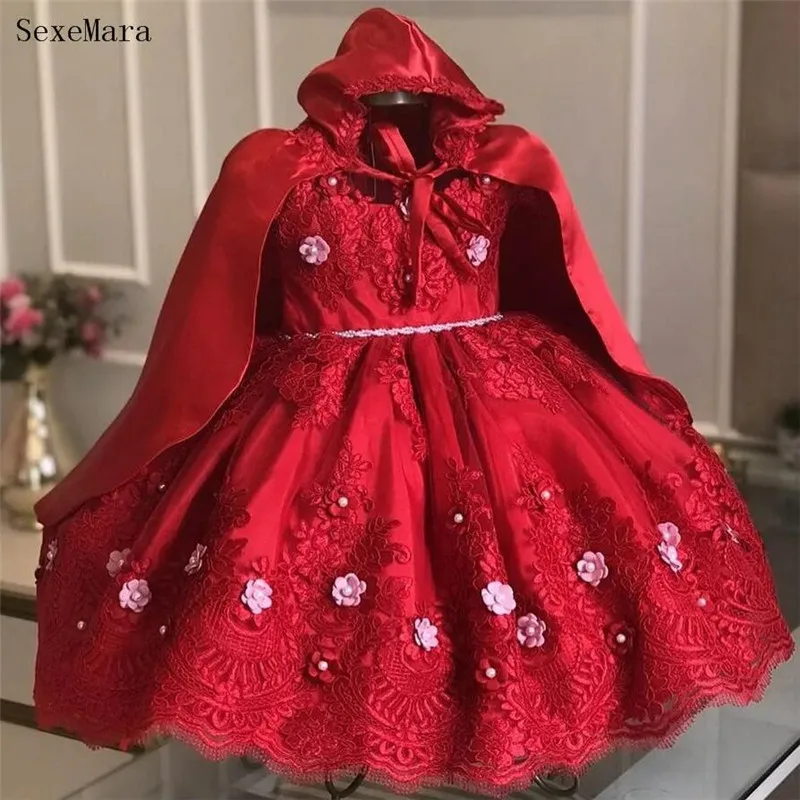 

Red Lace Ball Gown Baby Girl Dresses Jewel Neck Appliqued Toddler Pageant Gowns Baby Girl First Birthday Party Dress