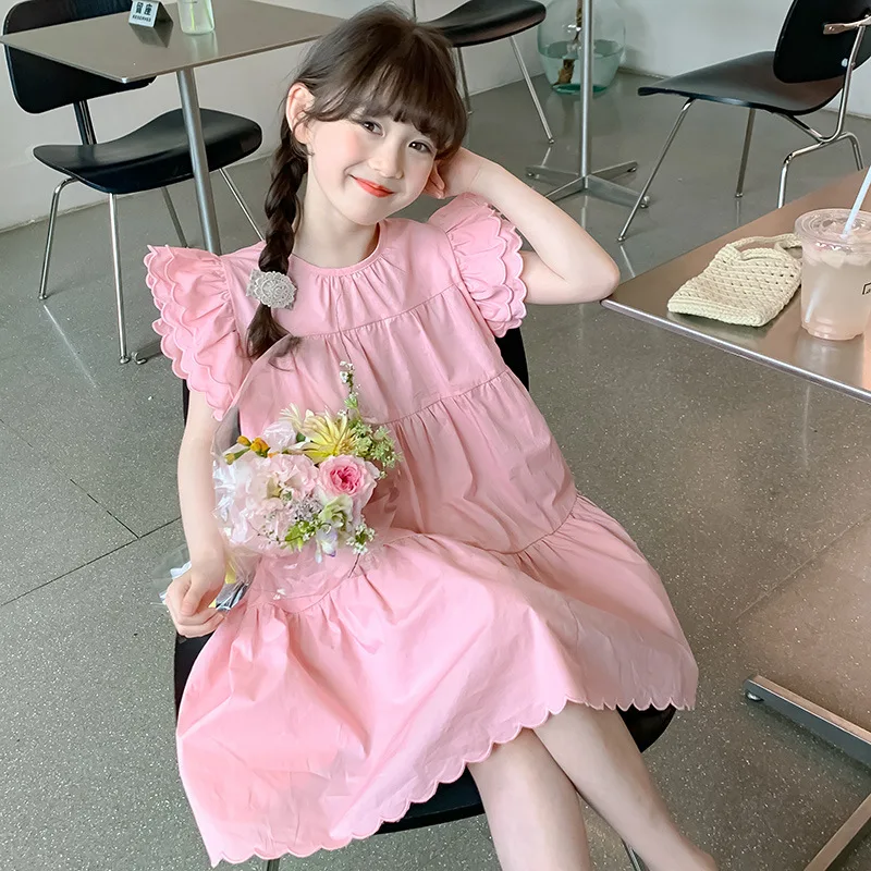 Girls Skirts 2024 Summer New Childrens Clothes Style Little Girl Lotus Sleeve Princess Skirt Casual Simple and All-matching