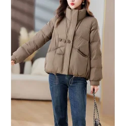 Women's Short Lightweight Padded Outerwear, Stand Collar, White Duck Bomber Coat, Warm Korean Puffer Winter Jacket, Autumn