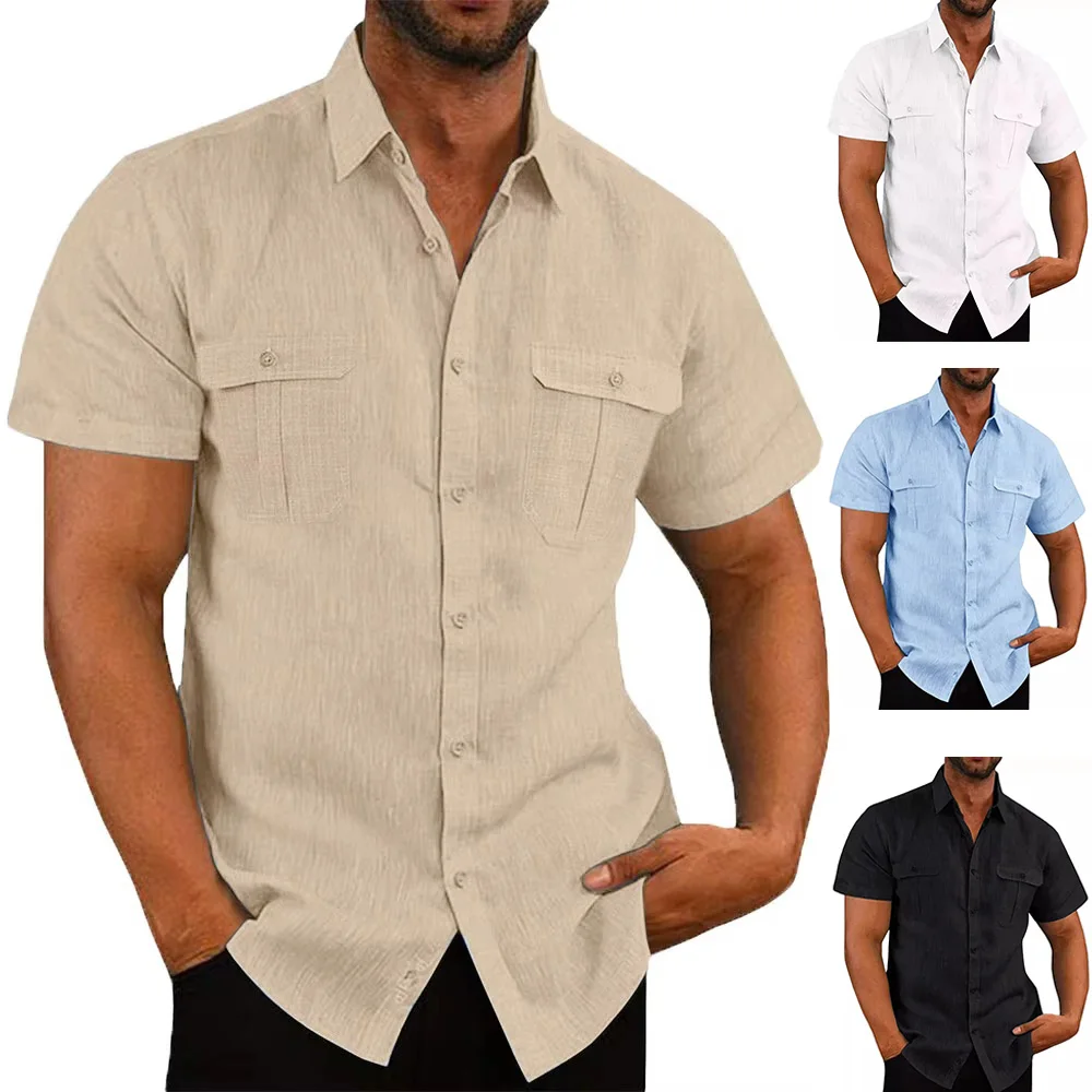 

Рубашка мужская хлопково-льняная с коротким рукавом, модная повседневная с двумя карманами, праздничный пляжный топ, однотонная уличная одежда свободного покроя