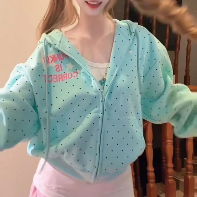 Y2k Sweet Loose Casual Jacket 2026 New 2000s American Vintage Polka Dot Sweatshirts New Spring Fashion Letter Print Hooded Women