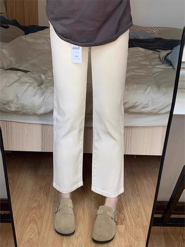 

White Slim Straight Jeans Women's High Waist Elastic New 2025 plus Size Slimming Nine Point e Tube Pants Casual Sle