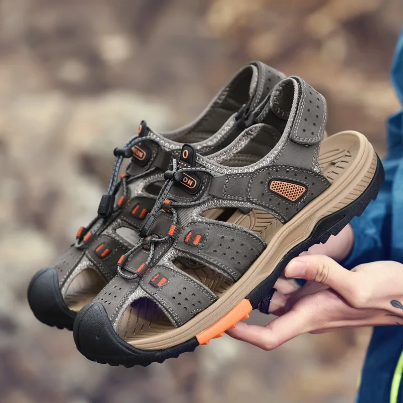 

Мужские сандалии из воловьей кожи, дышащая походная обувь, нескользящая уличная пляжная обувь для бисероплетения, защита носка, босоножки