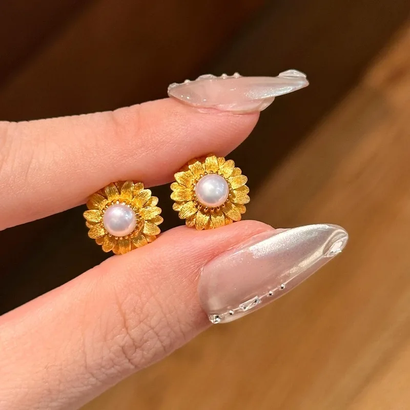 High-quality Brushed Sunflower Pearl Jewelry Sets Vintage Classic Court Style Wedding Earrings for Women Ring Necklace