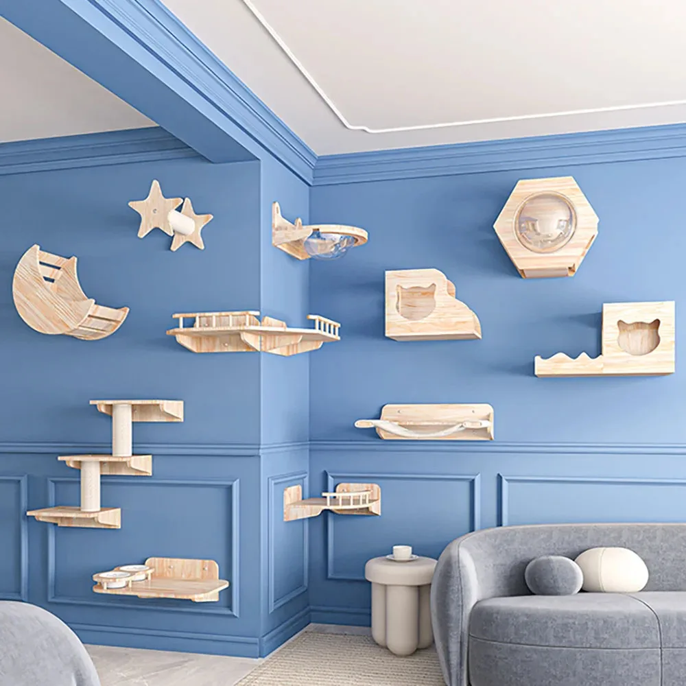 

Настенный массивный деревянный каркас для лазания кошек, гамак, когтеточка, полка с сизалевой платформой для прыжков, лестница, ступеньки, мебель