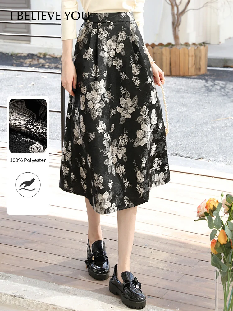 I BELIEVE YOU Black Floral Brocade Jacquard Skirt Autumn Winter 2025 High Waist Elastic A-line Skirts with Pockets 2253026174
