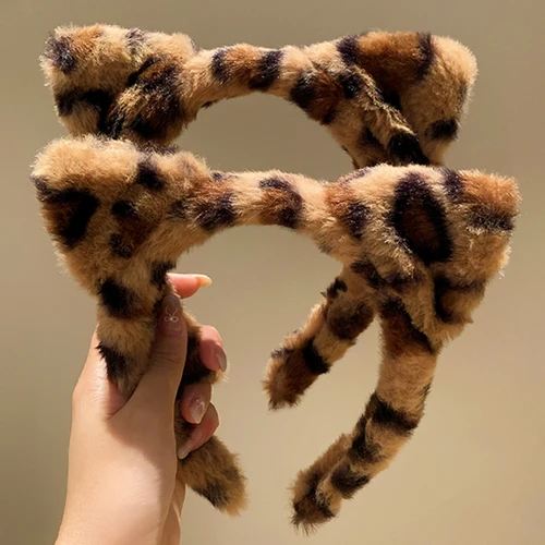 Diadema con orejas de gato de peluche, aros para el pelo con estampado de leopardo Vintage, accesorios bonitos para festivales, cinta con Clips para el pelo