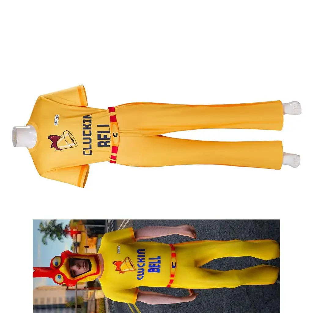 

Cluckin Bell Cosplay Game GTA Costume Men's Fancy Yellow T-shirt Pants Uniform Suit Halloween Carnival Party Waiter Disguise