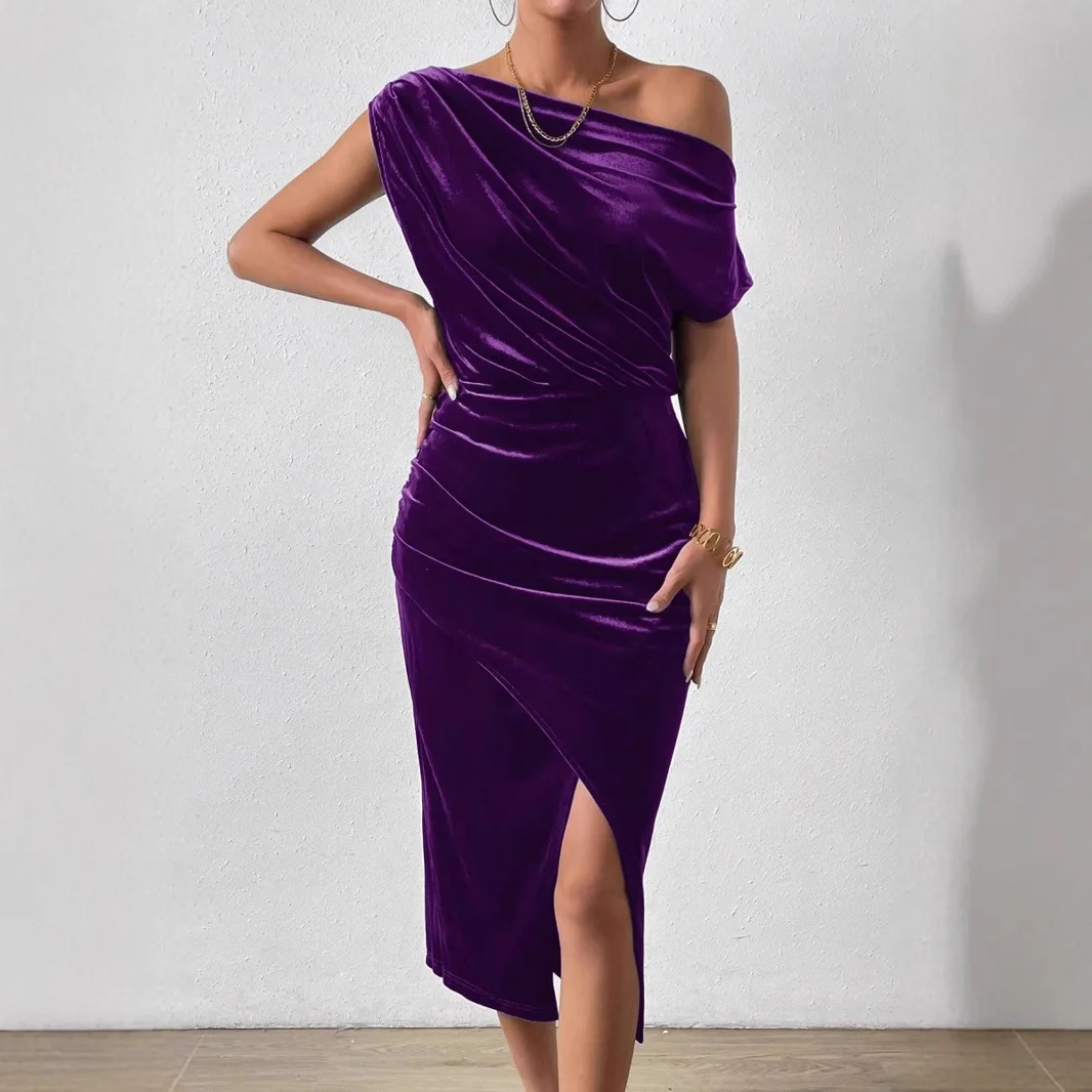 Abito Midi Estivo da Donna 2026 con Spalle Scoperte - Elegante Vestito Monocolore per Feste, Club e Uso Quotidiano/Casual