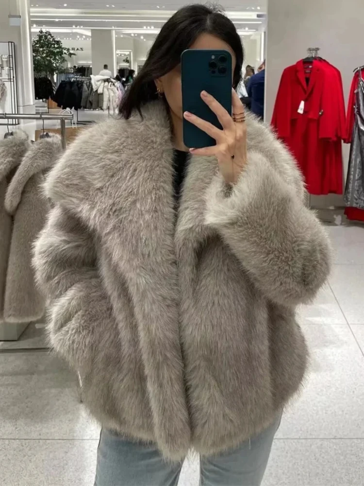 ZBZA Women\'s Faux Fur Cropped Jacket Coat Autumn Winter New Lapel Long Sleeve Thick Warm Soft Jacket Female Chic Warm Outerwear