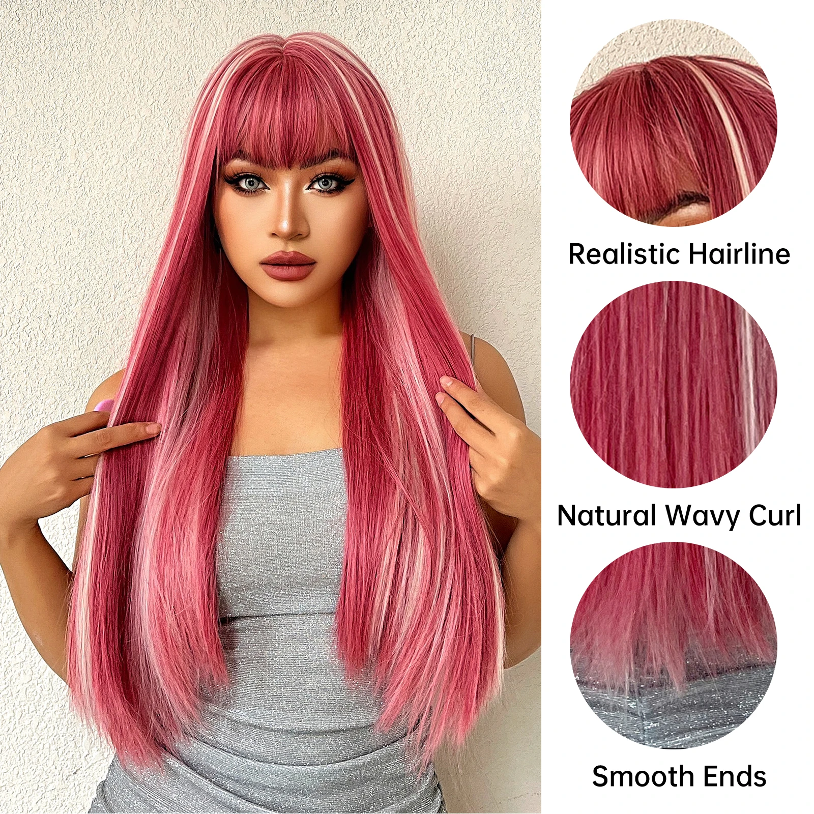 Long Straight Pink Mixed White Synthetic Wigs with Bangs Halloween Cosplay Colorful Wigs for Women Natural Hair Heat Resistant