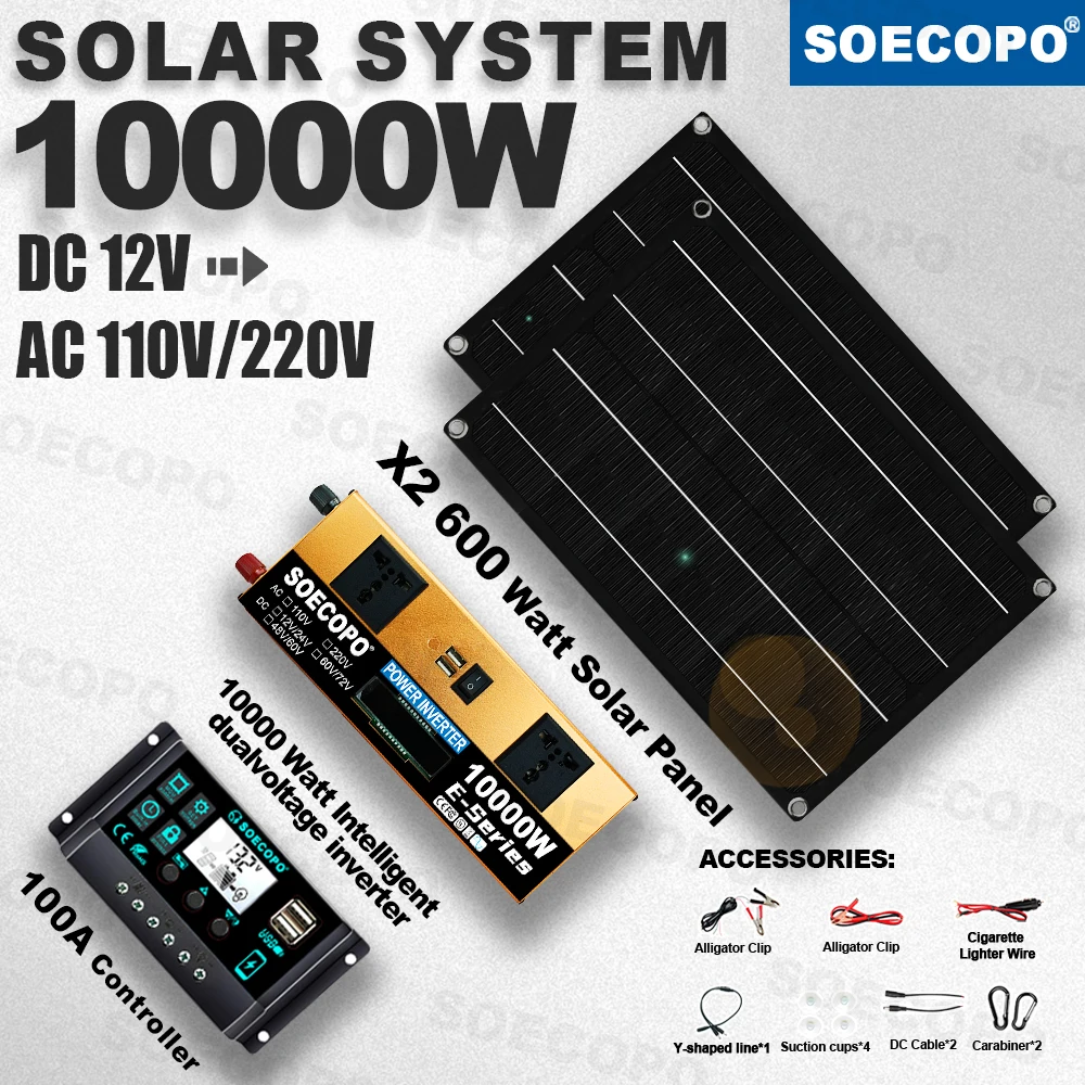 SOECOPO off grid portable 10000W Peak Solar Kit 2x600W Panel 100A Controller 12V/24V 110V 220V Inverter for RV balcony Home camp