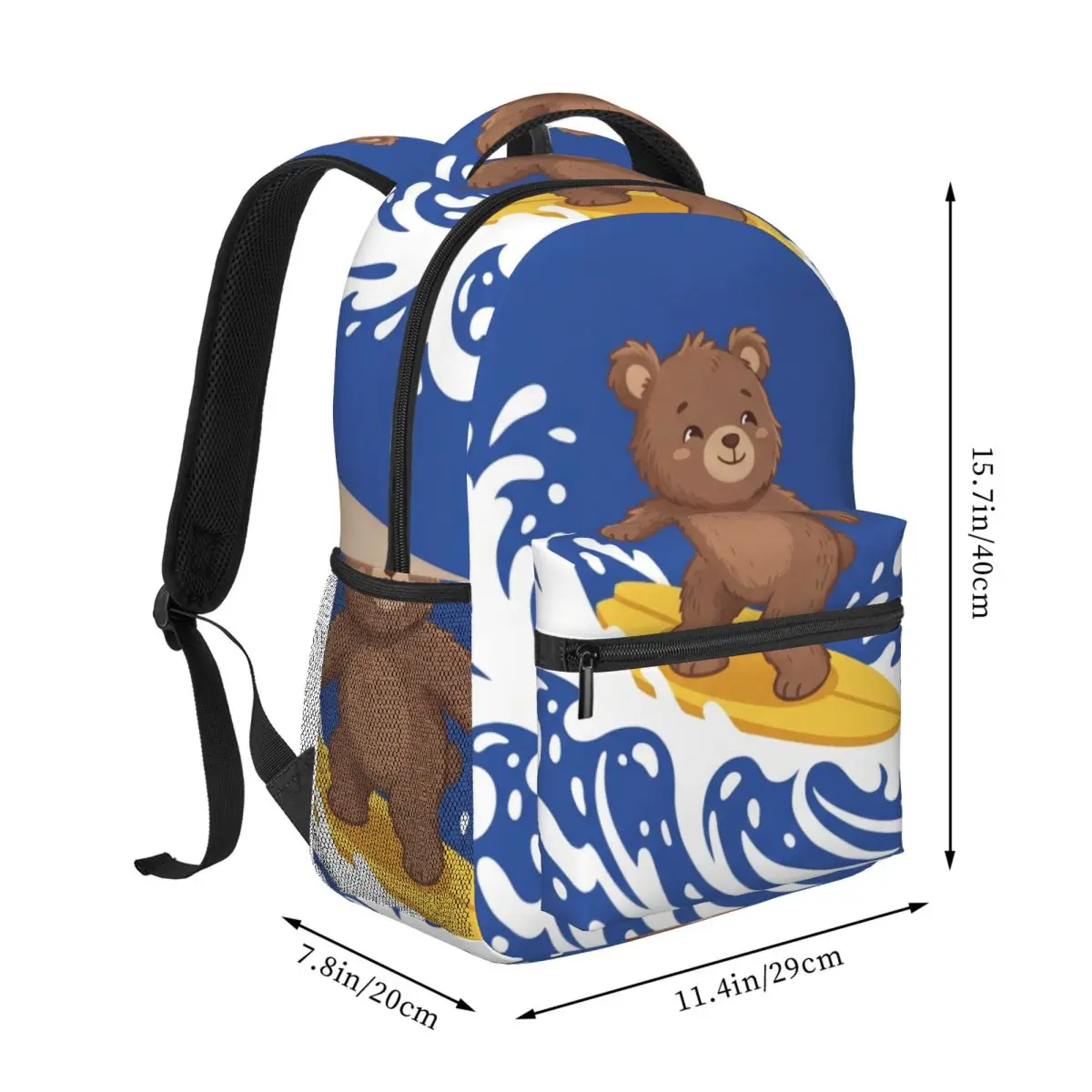 Kawaii Student Backpack Center Surfing Bear Whimsical Cute Solid Blue Brown Yellow Cozy Bookbag for Girls Boys Teens Birthday