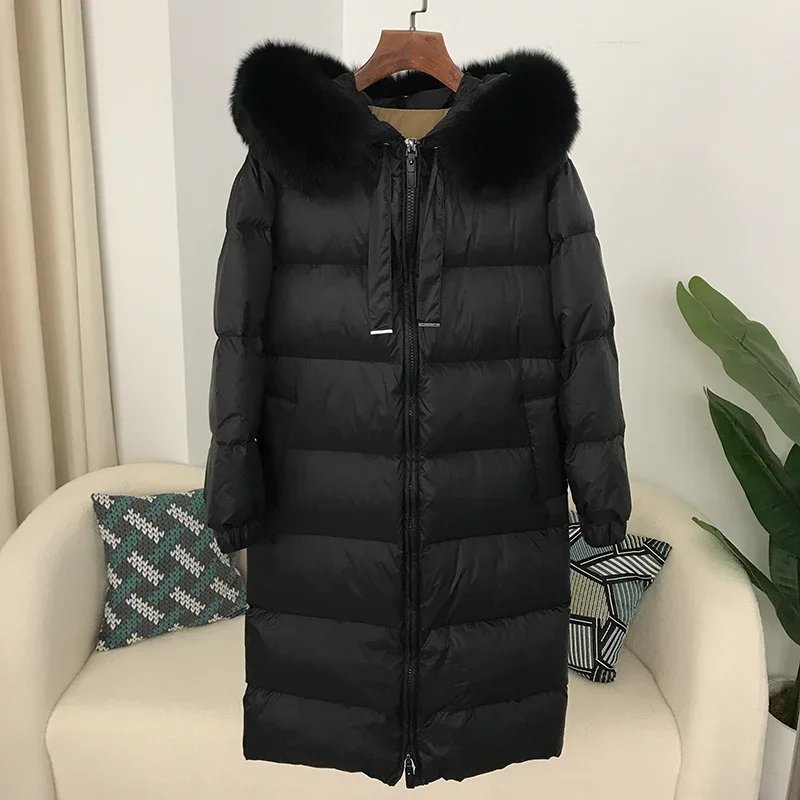 MENINA BONITA 2023 New Long Jacket Real Raccoon Fox Fur Collar Hooded Winter Women White Duck Down  Female Coat Luxury Outerwear