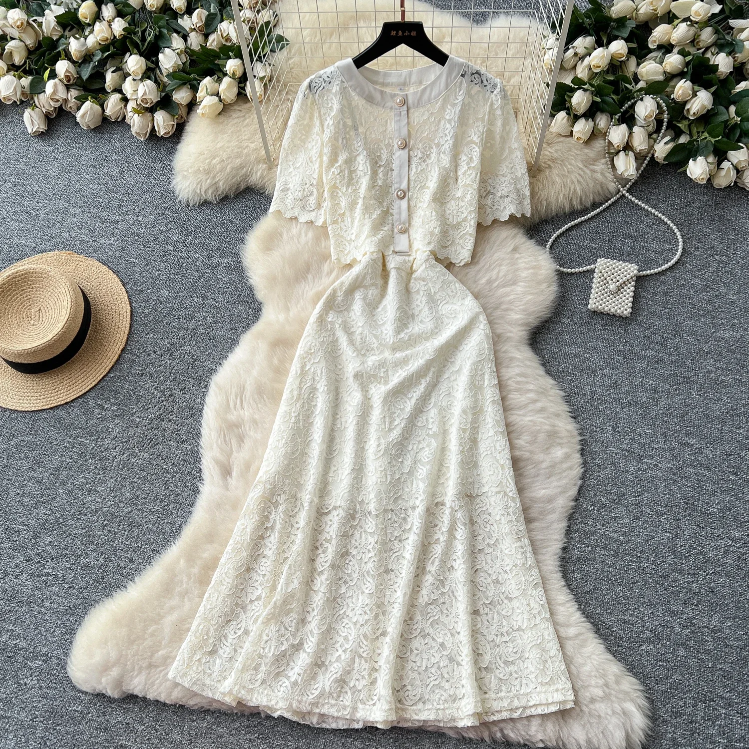 

Chic Sexy button mesh lace Dress Fairy Casual A-line Dress Vestido Summer Beach Vacation Women Two Piece Set