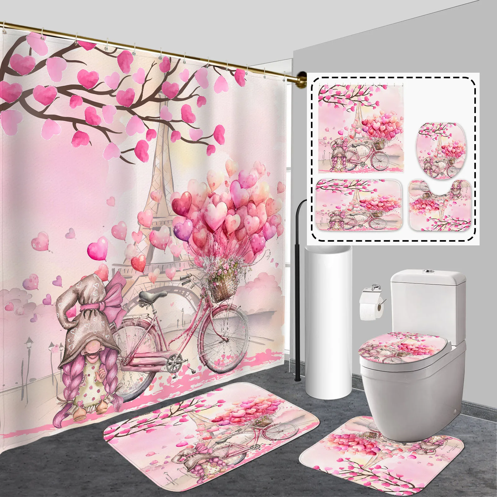 

4pc Eiffel Tower and heart-shaped balloon patterned bathroom set, shower curtain, U-shaped mat, non-slip mat, toilet seat cover.