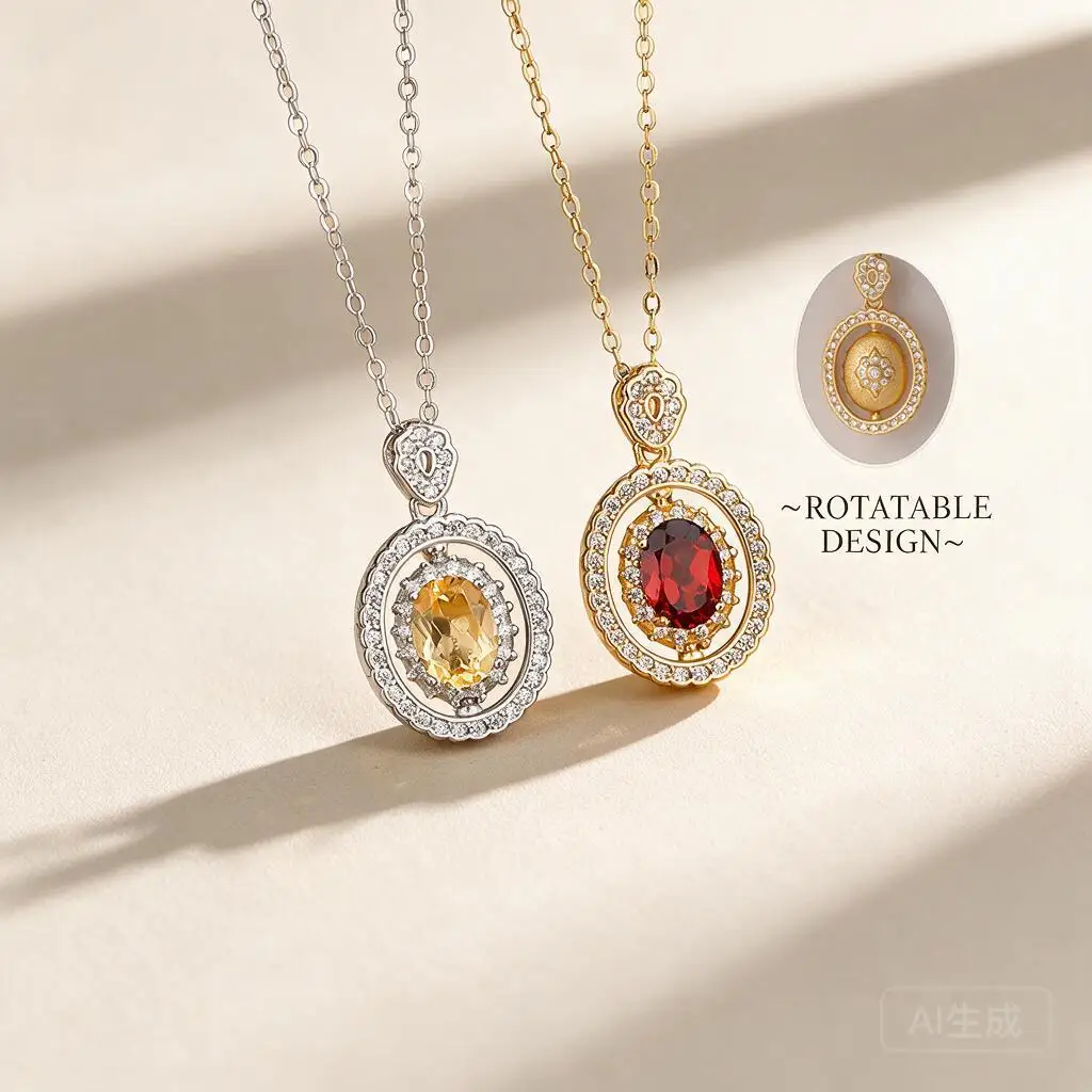 Luxury S925 Sterling Silver Double Sided Spinner Gemstone Pendant Necklace Women Zircon Halo Collarbone Chain Gold Silver Plated