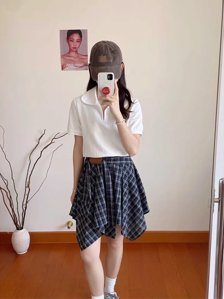 Saia xadrez preta e branca evasê feminina verão novo design bainha assimétrica viajante vintage patchwork cintura alta...