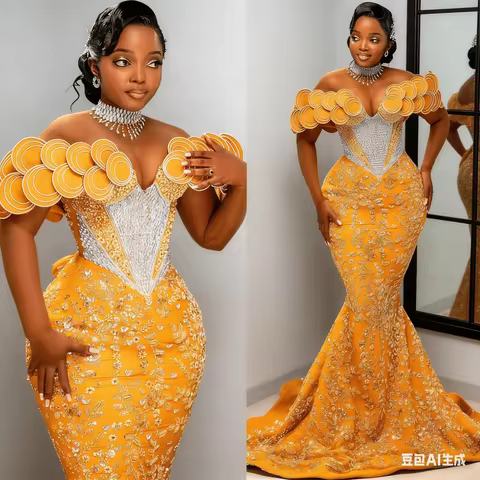 Luxury Mermaid Evening Dress 3D Round Shoulder Detail Crystal African Women's Wedding Beaded Corset Ball Dress Customization