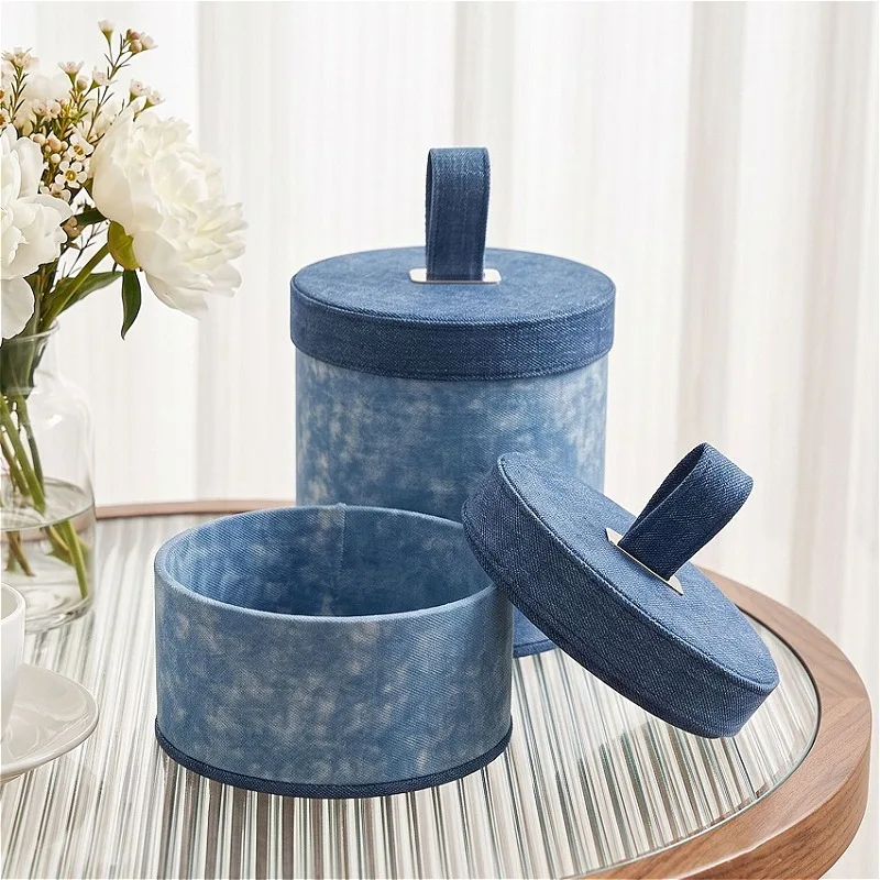 Retro Storage Box Denim Blue Pattern Organizer Boxes Luxury Cloth Jewelry Box Makeup Organizer Baskets for Bedroom Container