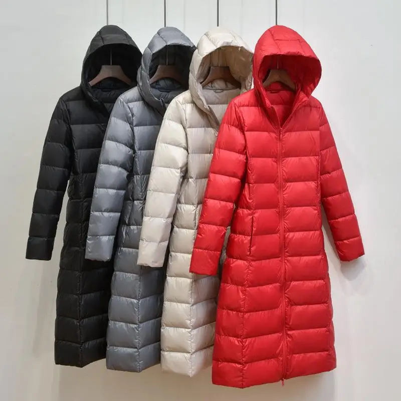 Women Long Hooded Down Coat 2024 New Autumn Winter Ultra Light Thin White Duck Down Jacket Parkas Female Bigsize Puffer Outwears