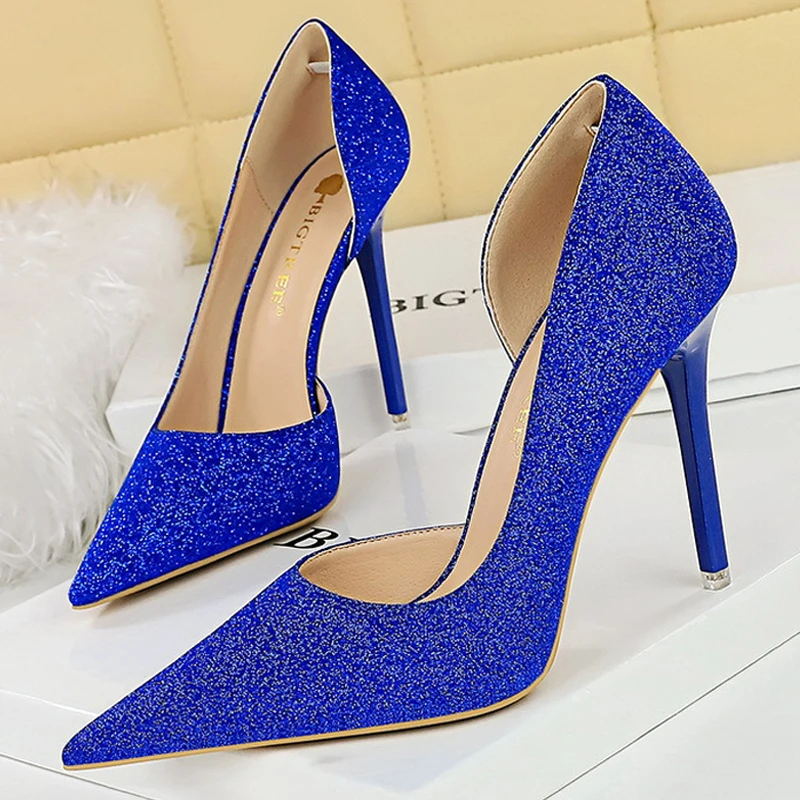 BIGTREE Shoes Retro Women Pumps Sequin Cloth Shine High Heels Pointed Stilettos Heels Sexy Party Shoes Ultra-high Heel 11cm Pump