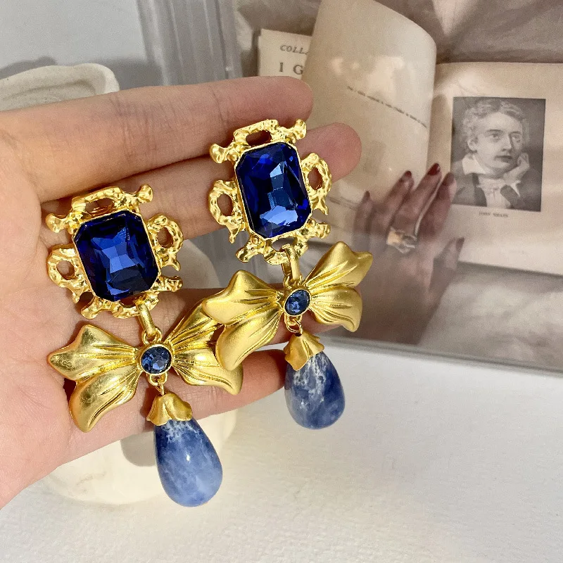 Vintage Retro Style Design Bowknot Earrings Rhinestone Handmade Blue Glass Geometric Dangle Drop Earrings for Women